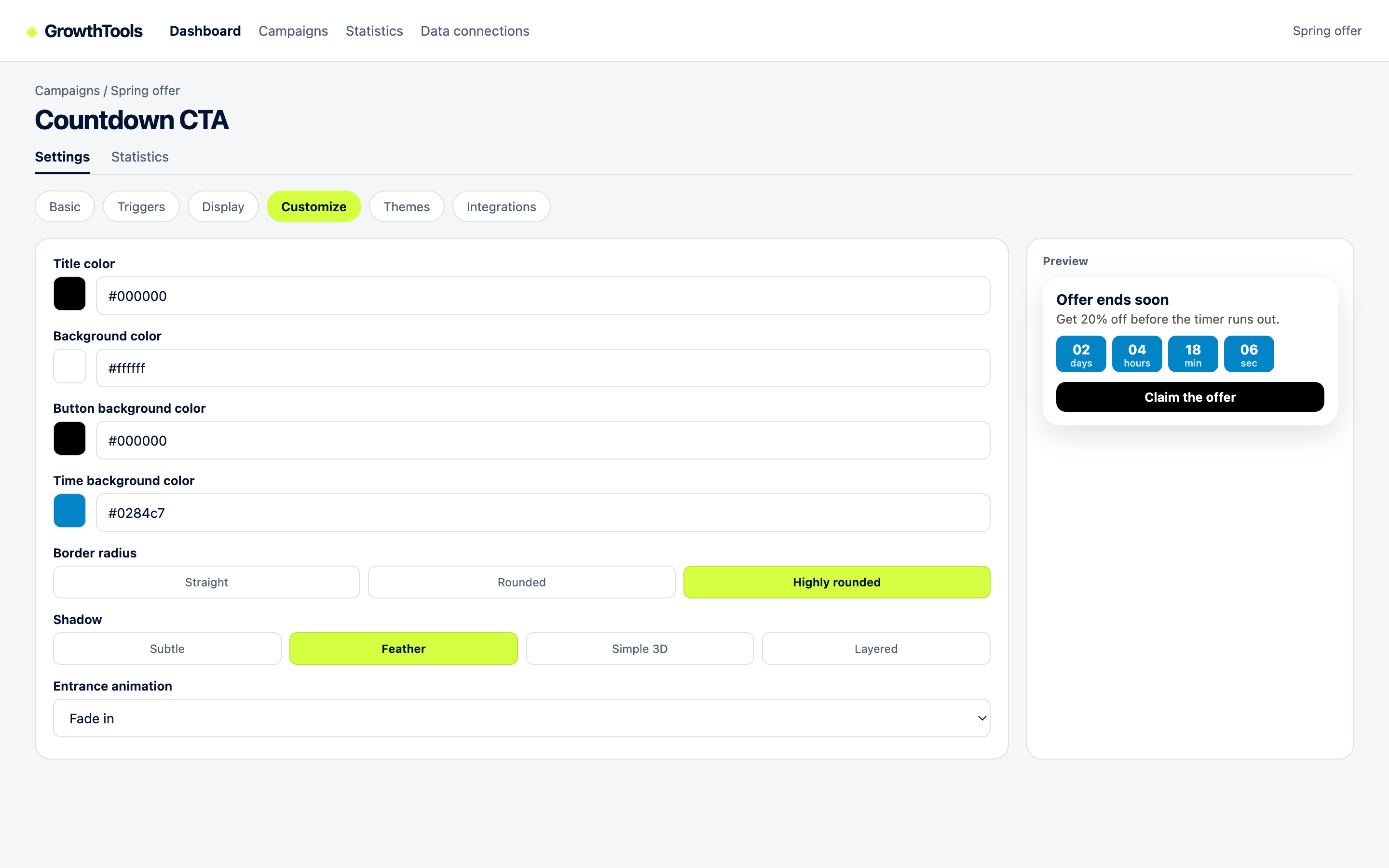 GrowthTools Customize tab: title and background colours, button colour, border radius, shadow style and entrance animation