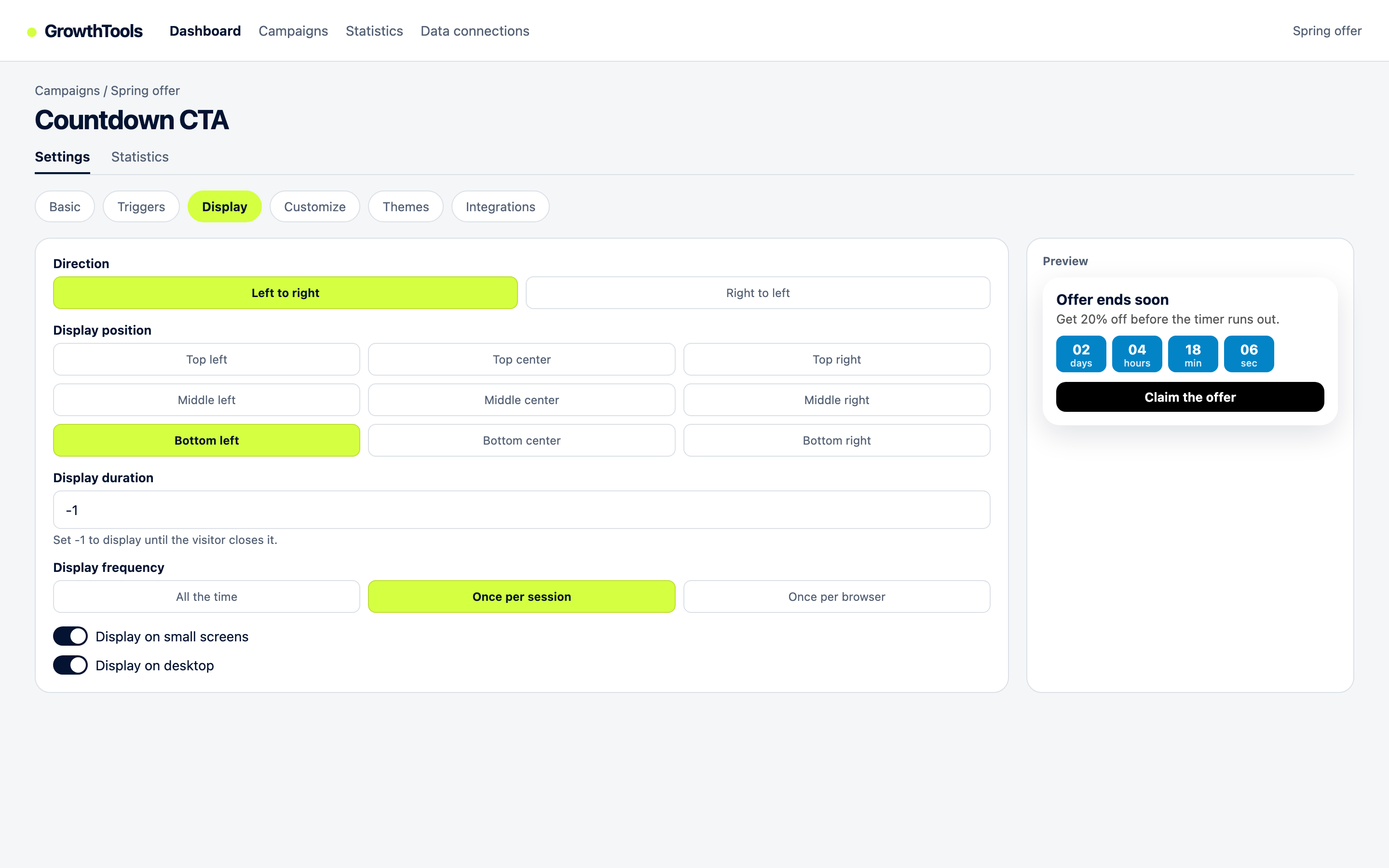 GrowthTools Display settings: animation direction, nine screen positions, display duration and frequency once per session