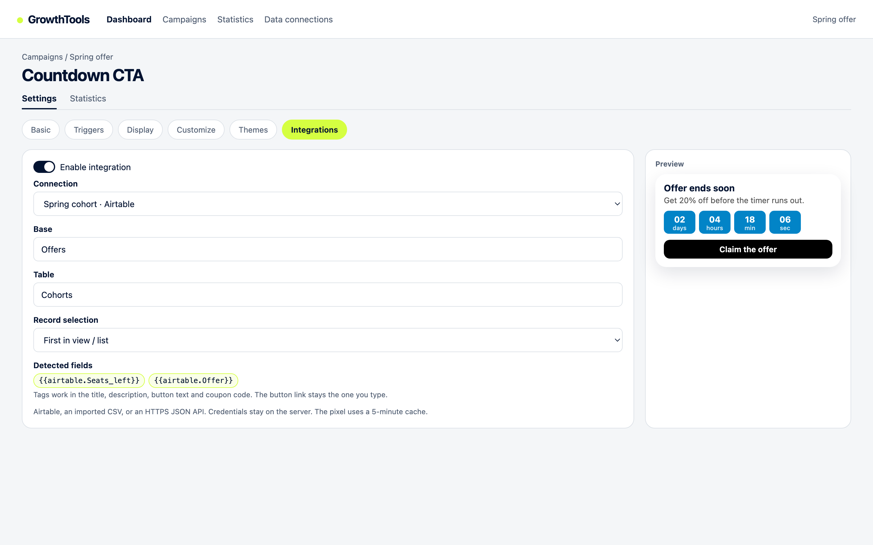 GrowthTools integrations screen: data connections and lead delivery settings