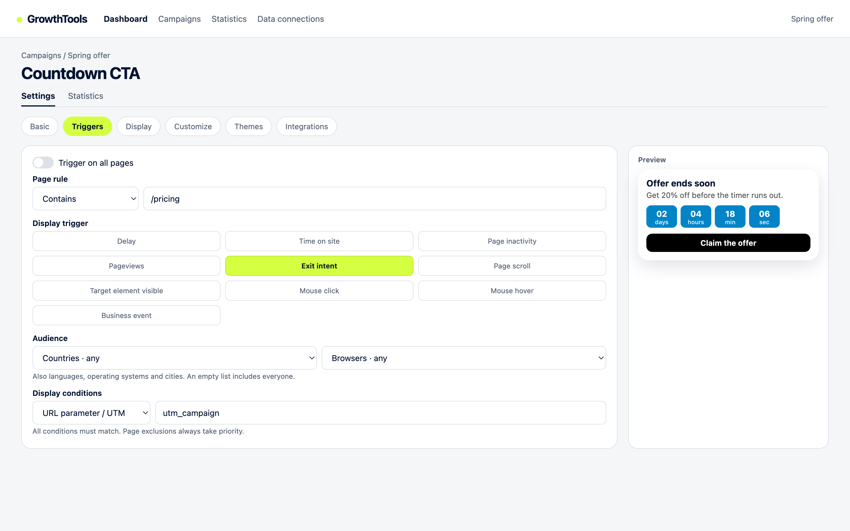 GrowthTools Triggers tab with Exit Intent selected as the display trigger, plus a page rule and a UTM condition